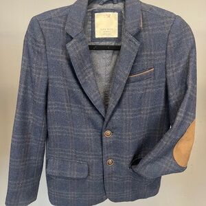 Zara Boys plaid tweed Blue Blazer faux leather elbow patches & trim 11/12